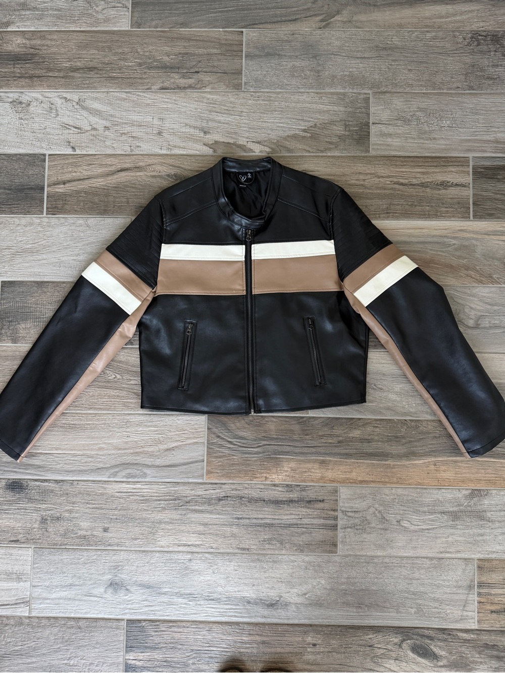 Windsor Women’s Black & Tan Colorblock Moto Jacket Faux Leather size XL